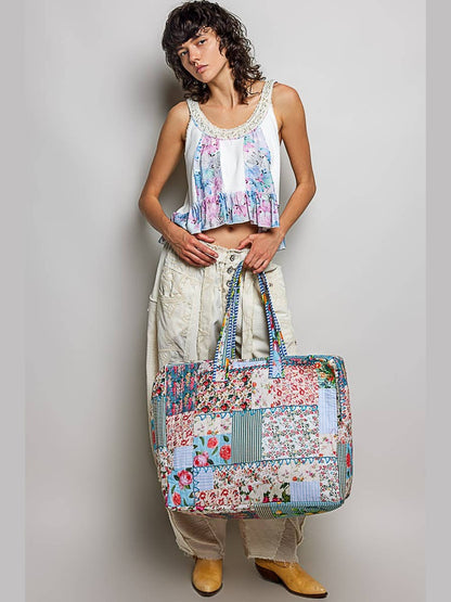 Trompe L’oeil Patchwork Structured Quilted Tote Bag: IVORY/BLUE / Os
