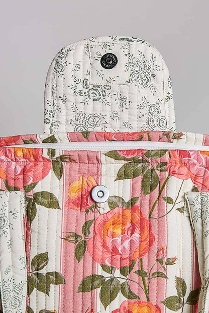 Quilted Floral Rose Print Vintage Crafted Tote Bag: PINK MULTI
