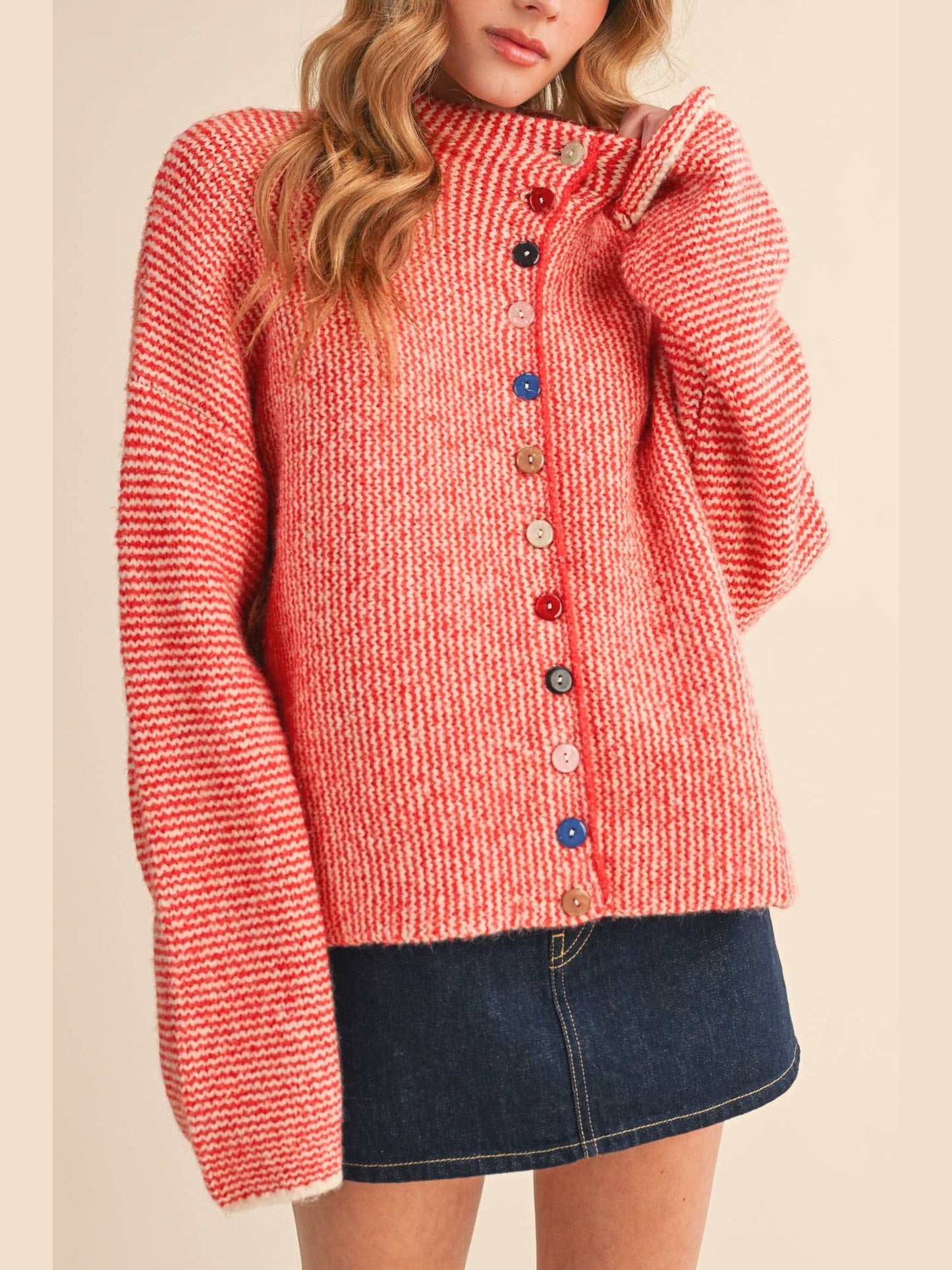 STRIPED SWEATER CARDIGAN WITH COLORFUL BUTTONS: IVORY RED