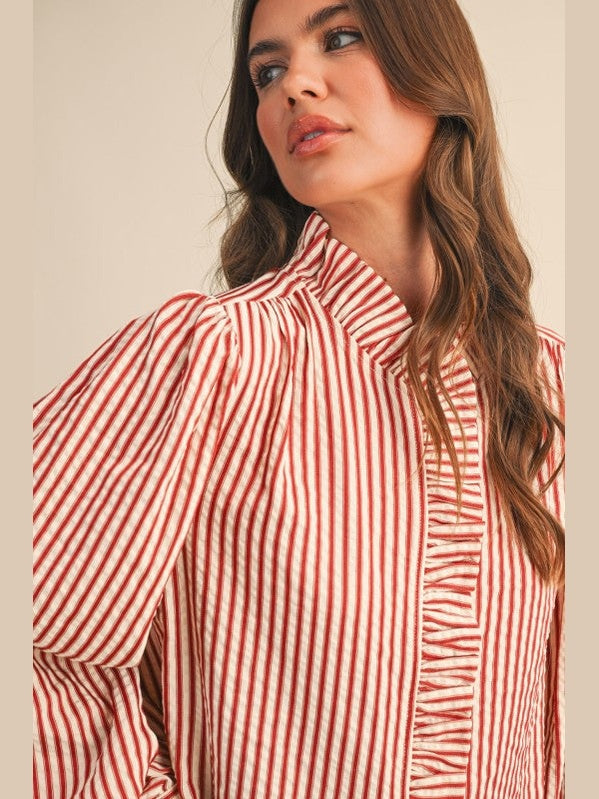 Striped, Ruffled Button Down Long Sleeve Top