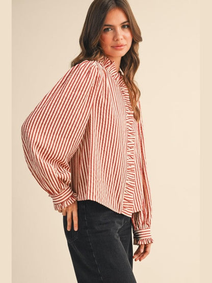 Striped, Ruffled Button Down Long Sleeve Top