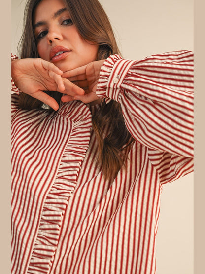 Striped, Ruffled Button Down Long Sleeve Top