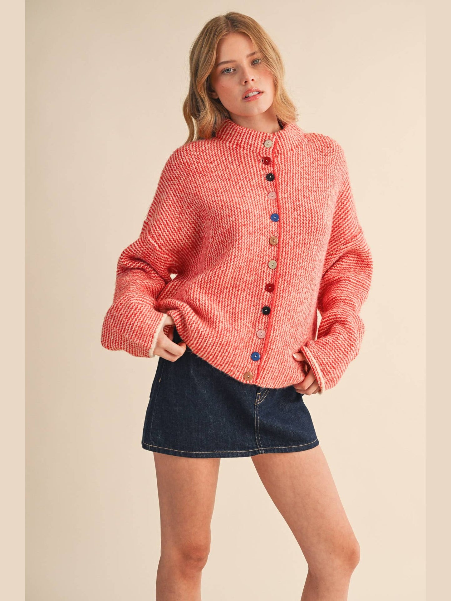 STRIPED SWEATER CARDIGAN WITH COLORFUL BUTTONS: IVORY RED