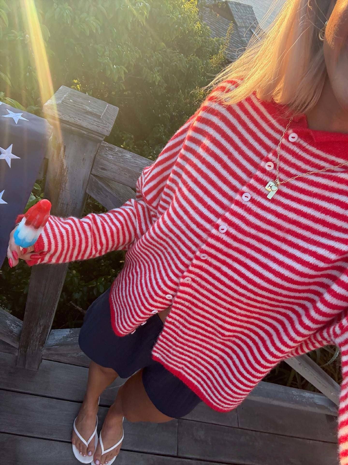 Lightweight Cozy roll neck cardigan in stripe