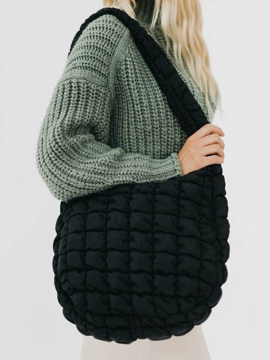 Carmen Quilted Hobo Tote Bag: Black