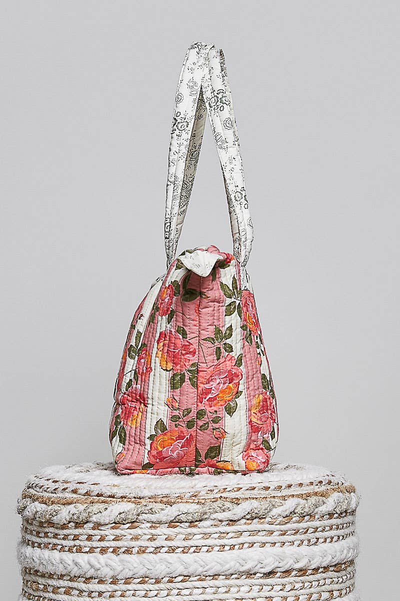 Quilted Floral Rose Print Vintage Crafted Tote Bag: PINK MULTI