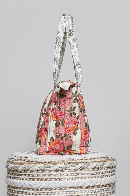 Quilted Floral Rose Print Vintage Crafted Tote Bag: PINK MULTI