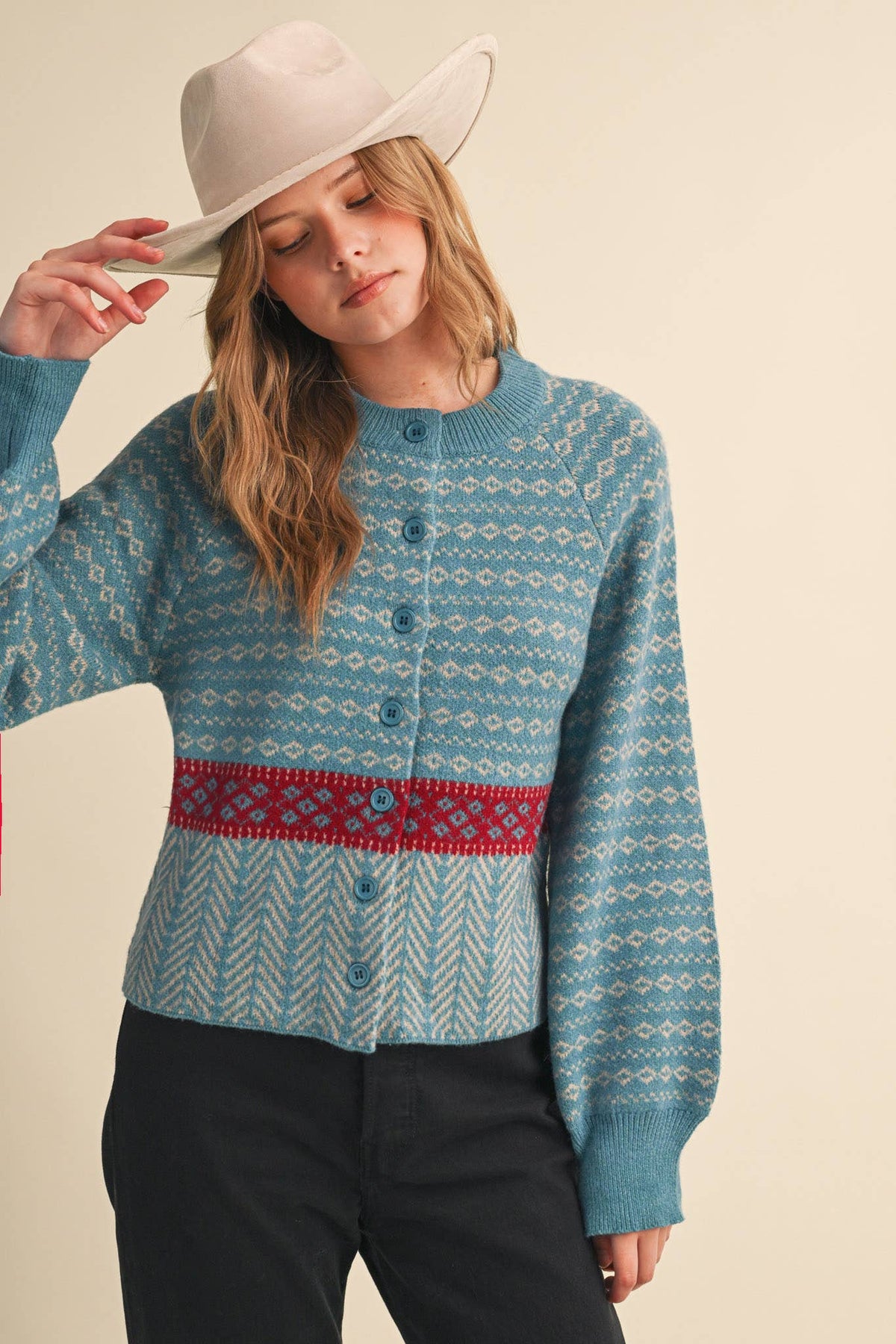 GEOMETRIC KNIT BUTTON UP SWEATER CARDIGAN: PEACOCK CREAM
