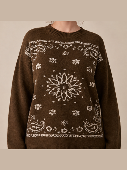SA10162T - Western Bandana Jacquard Crewneck Sweater: Brown / M/L