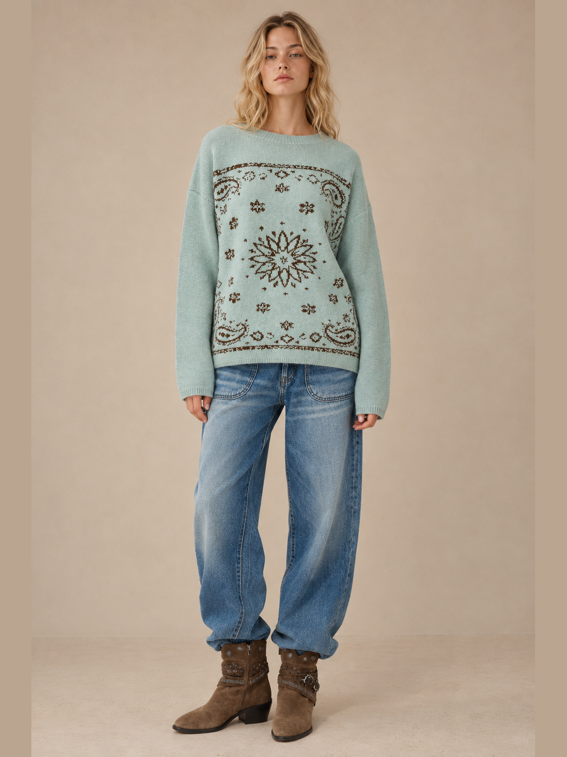 SA10162T - Western Bandana Jacquard Crewneck Sweater: Brown / M/L