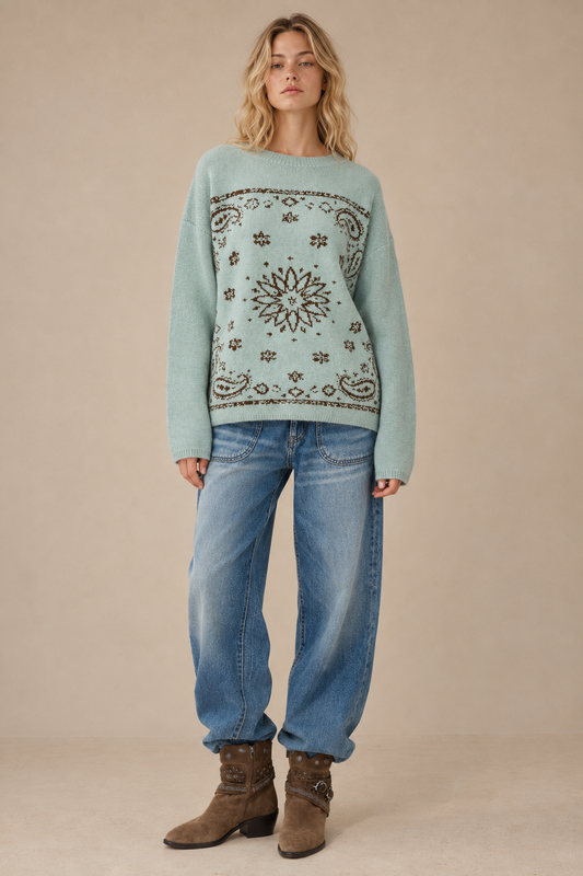 Western Bandana Jacquard Crewneck Sweater: Blue & Brown