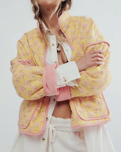 Floral Print Versatile Loose Quilted Jacket: Yellow