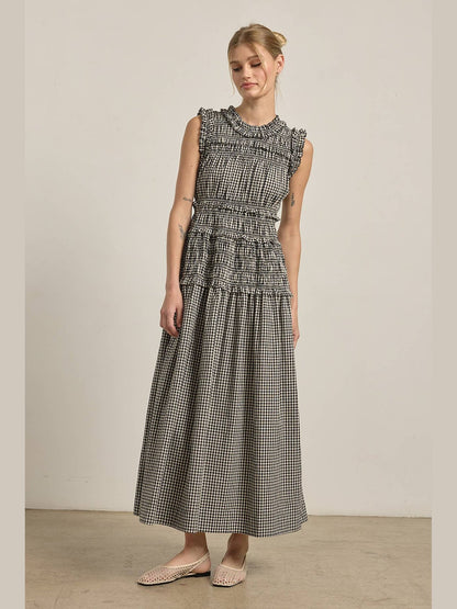 Smocked Gingham Maxi Dress: BLACK GINGHAM