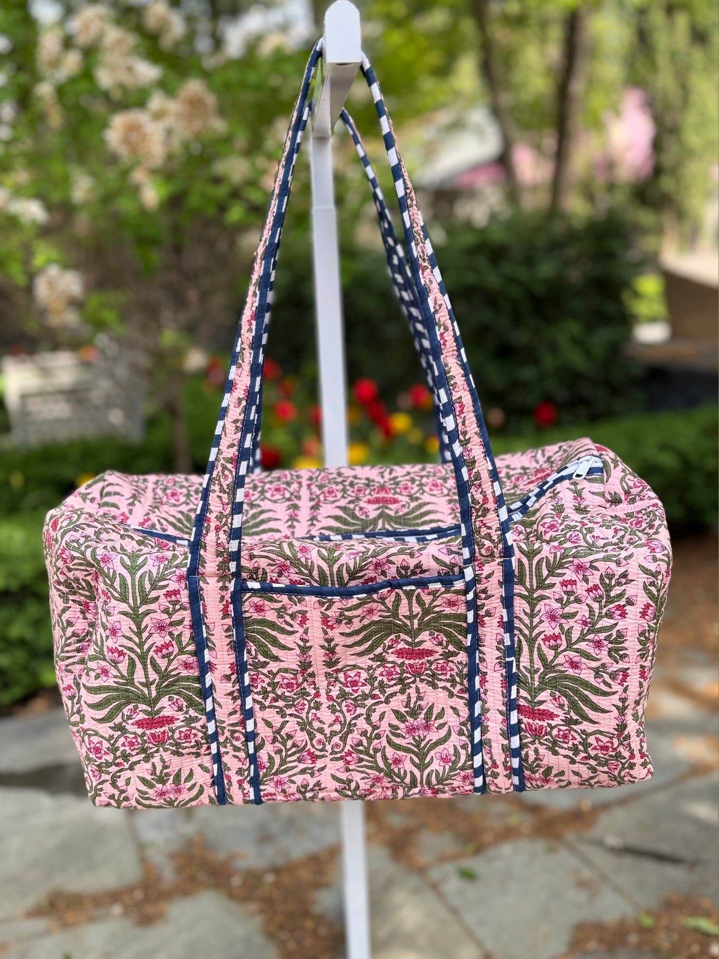 Quilted Block Print Duffel- Pink and Blue Floral