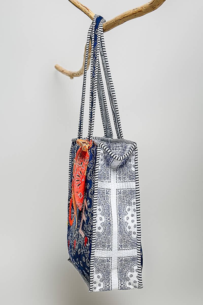 Quilted Indigo Paisley LOVE Tote Bag: INDIGO PAISLEY / OS