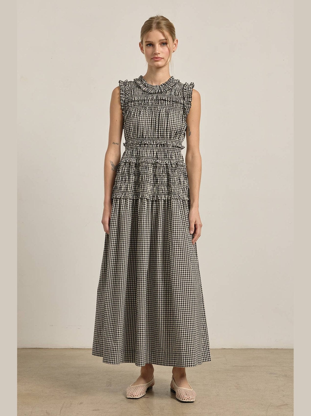 Smocked Gingham Maxi Dress: BLACK GINGHAM