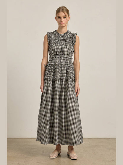 Smocked Gingham Maxi Dress: BLACK GINGHAM