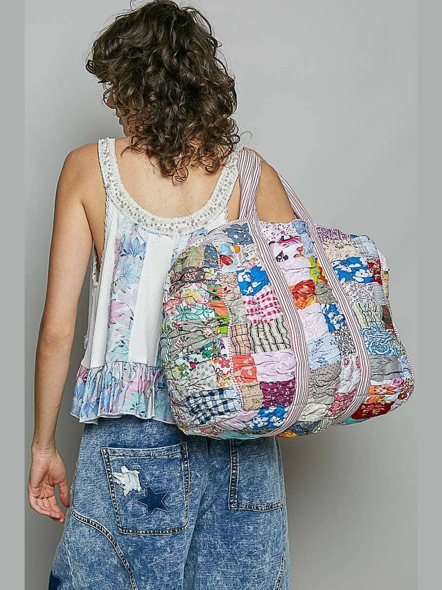 Quilted Multi-Print Mixed Floral Patchwork Duffle Bag: CREAM MULTI / OS