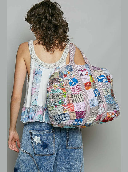 Quilted Multi-Print Mixed Floral Patchwork Duffle Bag: CREAM MULTI / OS