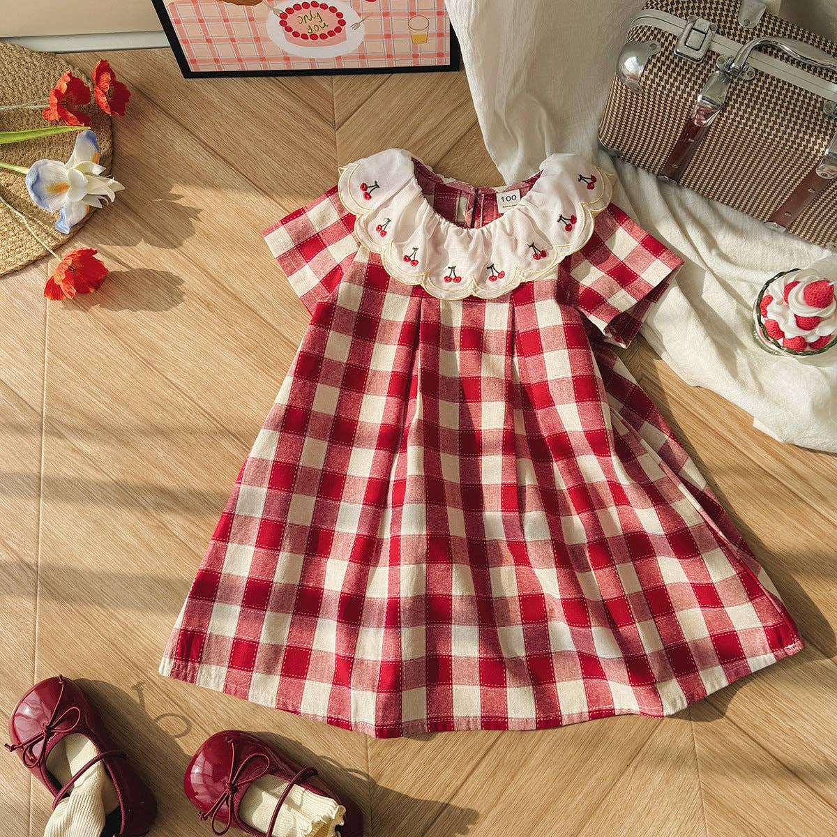 Summer Arrival Baby Girls Short Sleeves Cherry and Plaid Pattern Dress: Red / 100 (2-3Y)