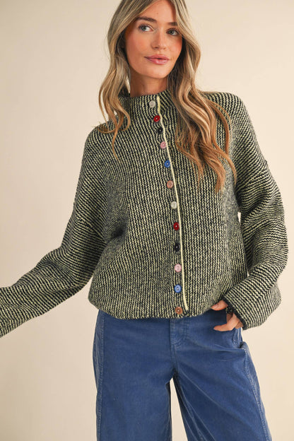 STRIPED SWEATER CARDIGAN WITH COLORFUL BUTTONS MSW11250: IVORY RED / L