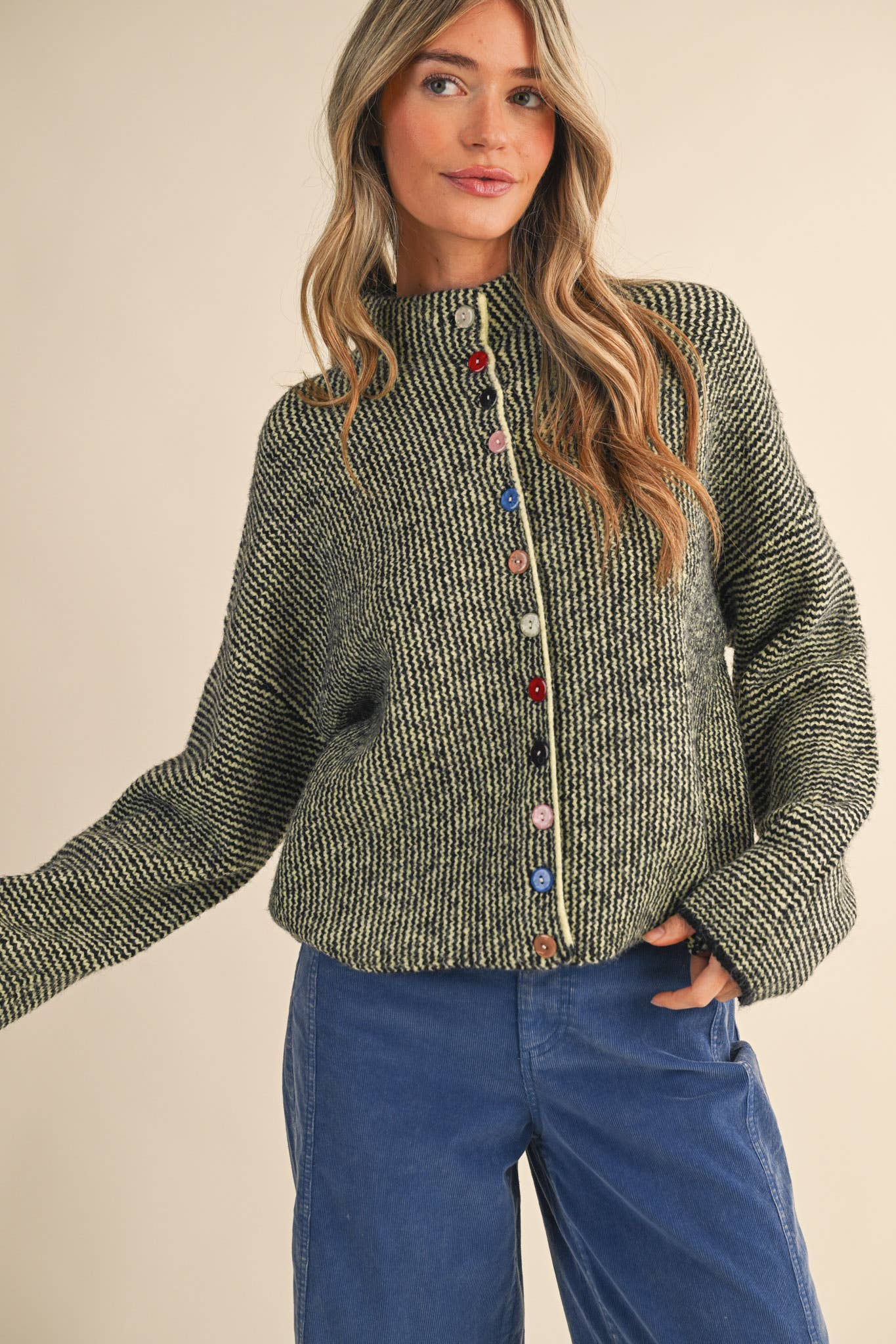 STRIPED SWEATER CARDIGAN WITH COLORFUL BUTTONS MSW11250: NATURAL GREY / L