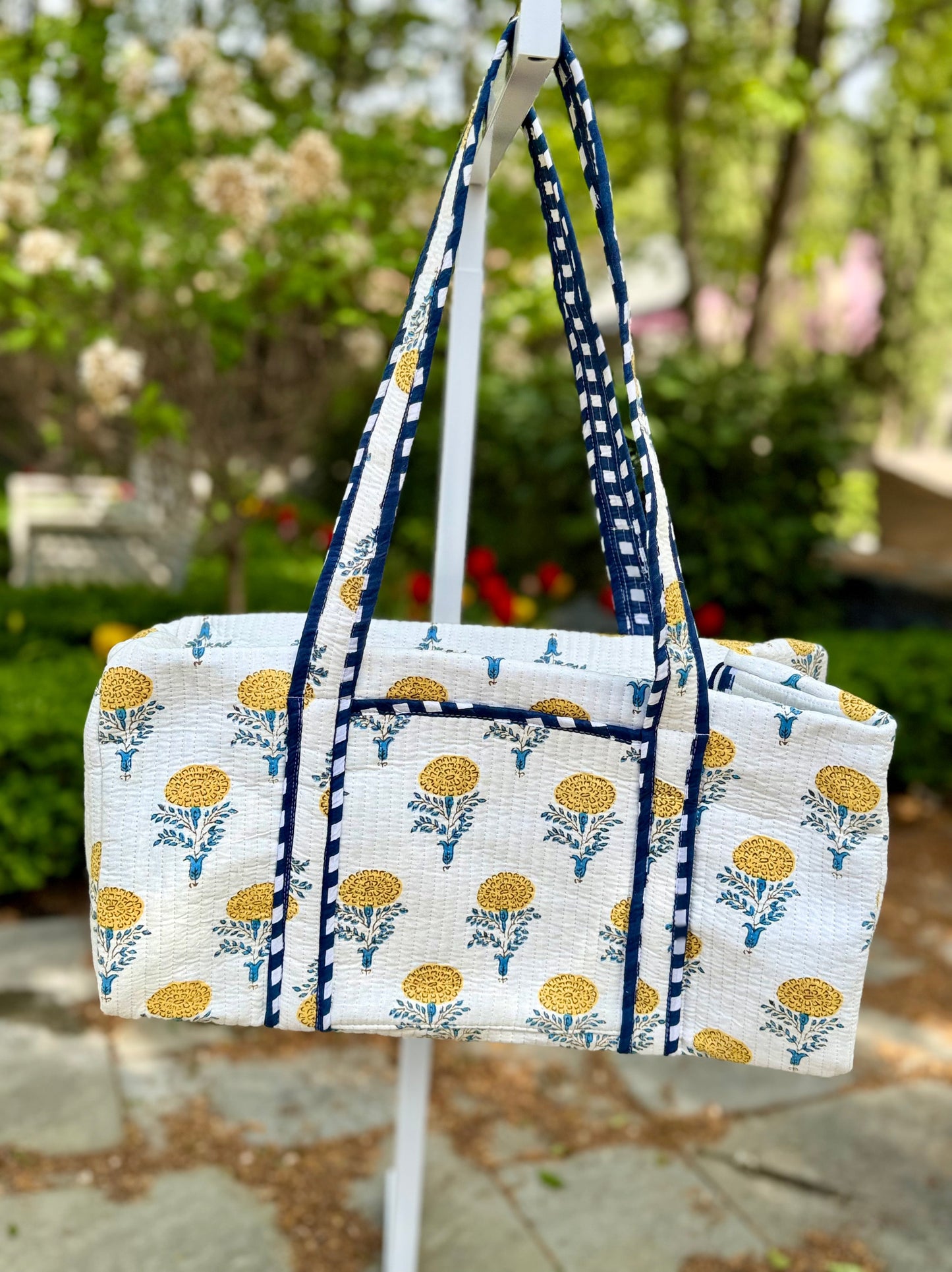 Quilted Block Print Duffel- Yellow and Blue Flowers