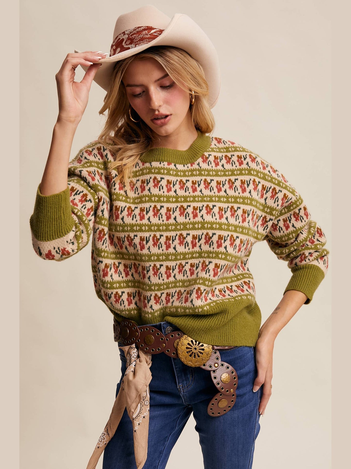 Floral Knit Sweater: Vintage Green