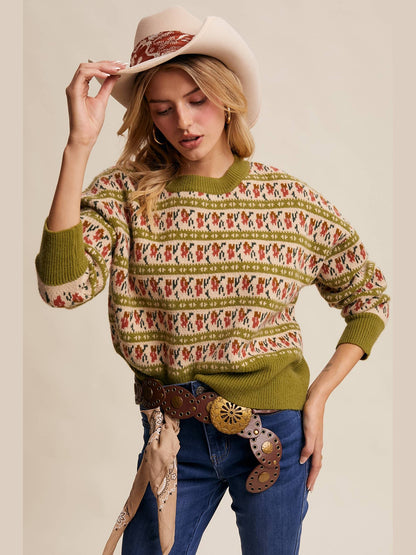 Floral Knit Sweater: Vintage Green