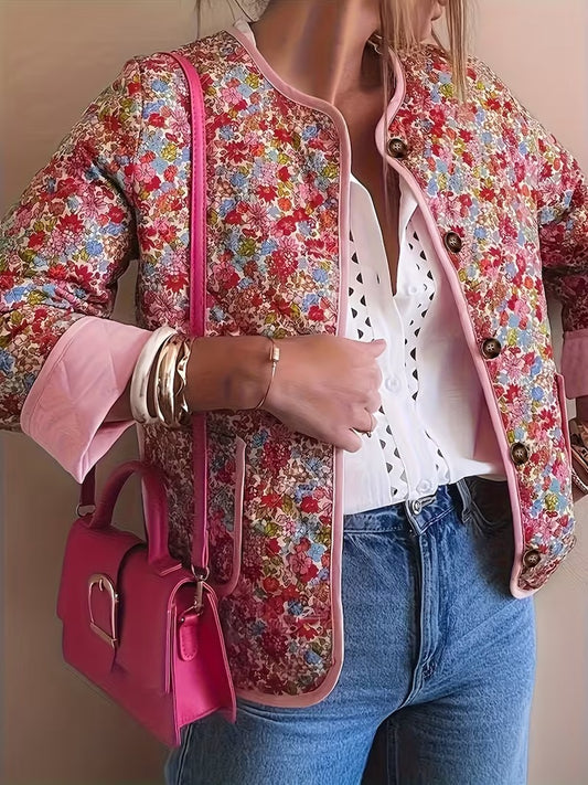Pink Floral Print Quilted Jacket