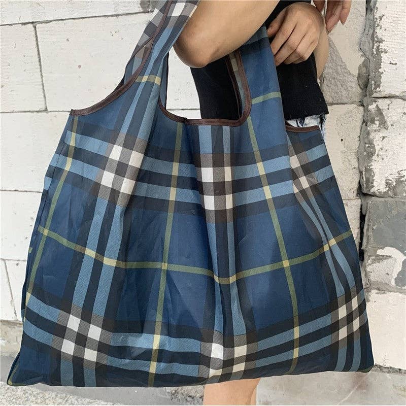 Foldable Eco-Friendly Large Capacity Portable Shoulder Bag: Blue Plaid