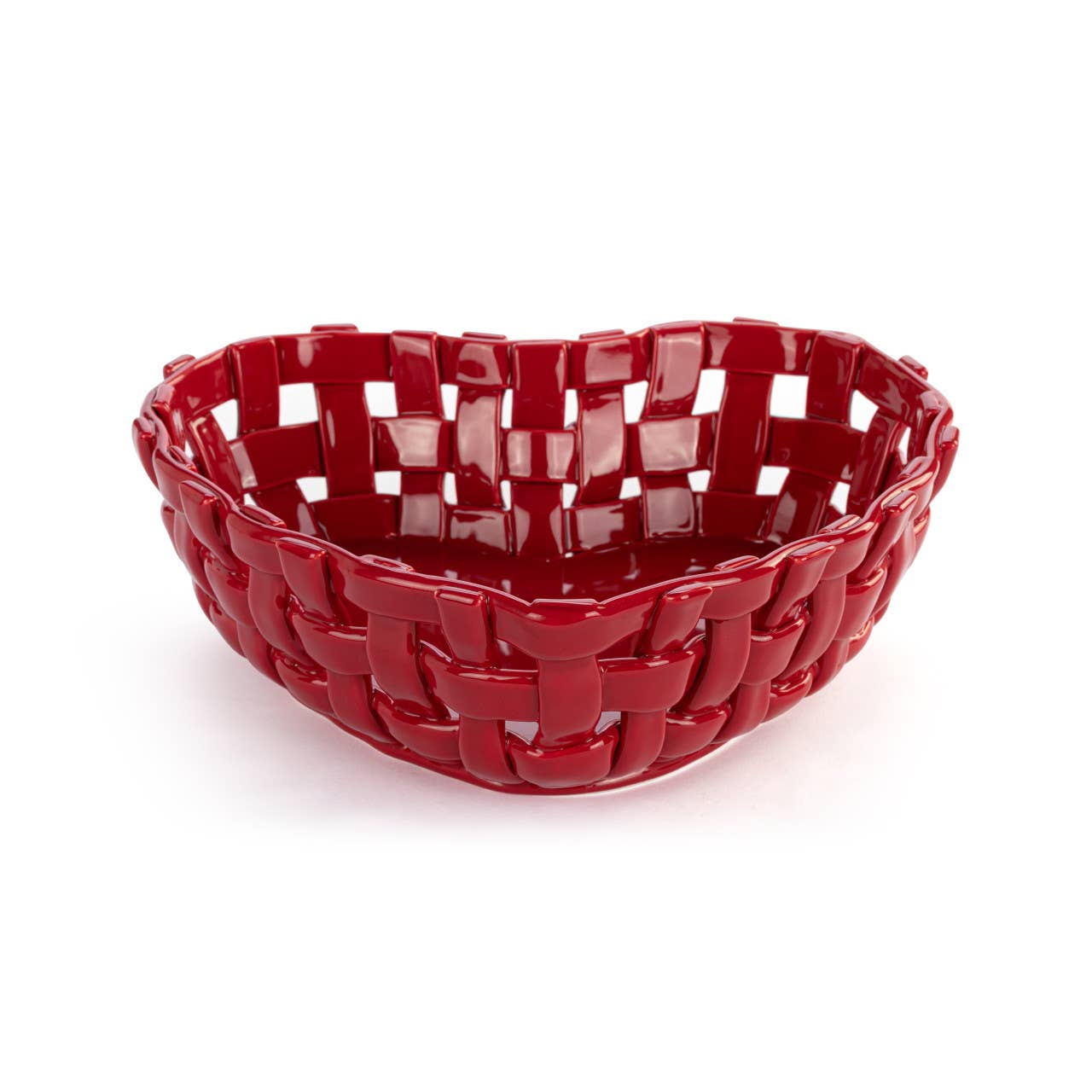 Red Ceramic Heart Bread Basket with Towel