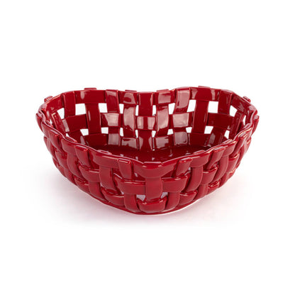 Red Ceramic Heart Bread Basket with Towel