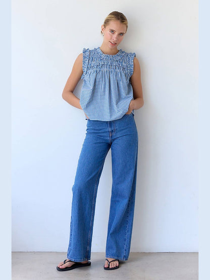 GINGHAM RUFFLE BLOUSE : Blue