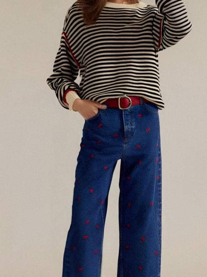 Striped Boat‑Neck Sweater with Red Accent Trim: Beige