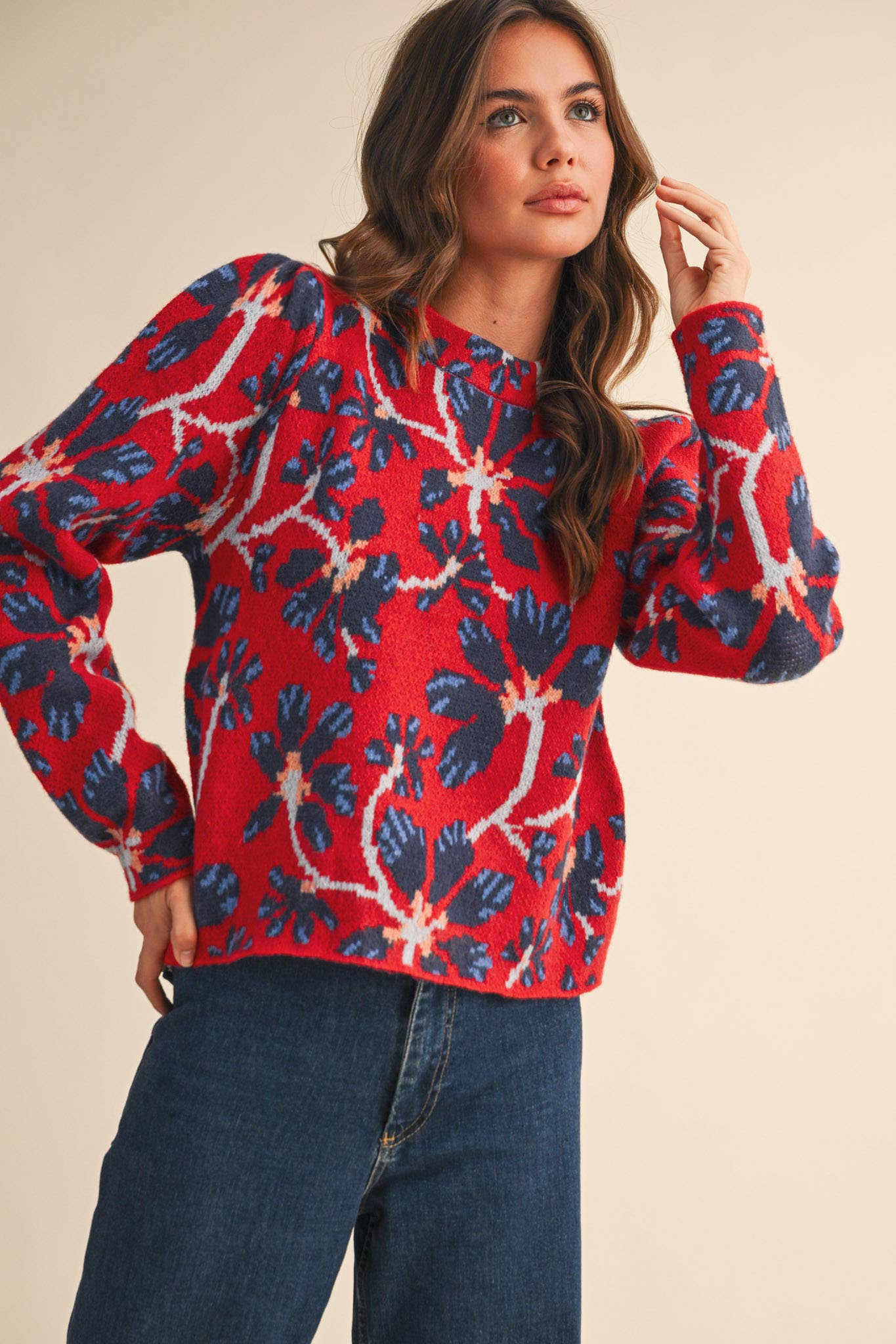 FLORAL MOCK NECK SWEATER: RED NAVY