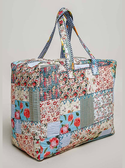 Trompe L’oeil Patchwork Structured Quilted Tote Bag: IVORY/BLUE / Os