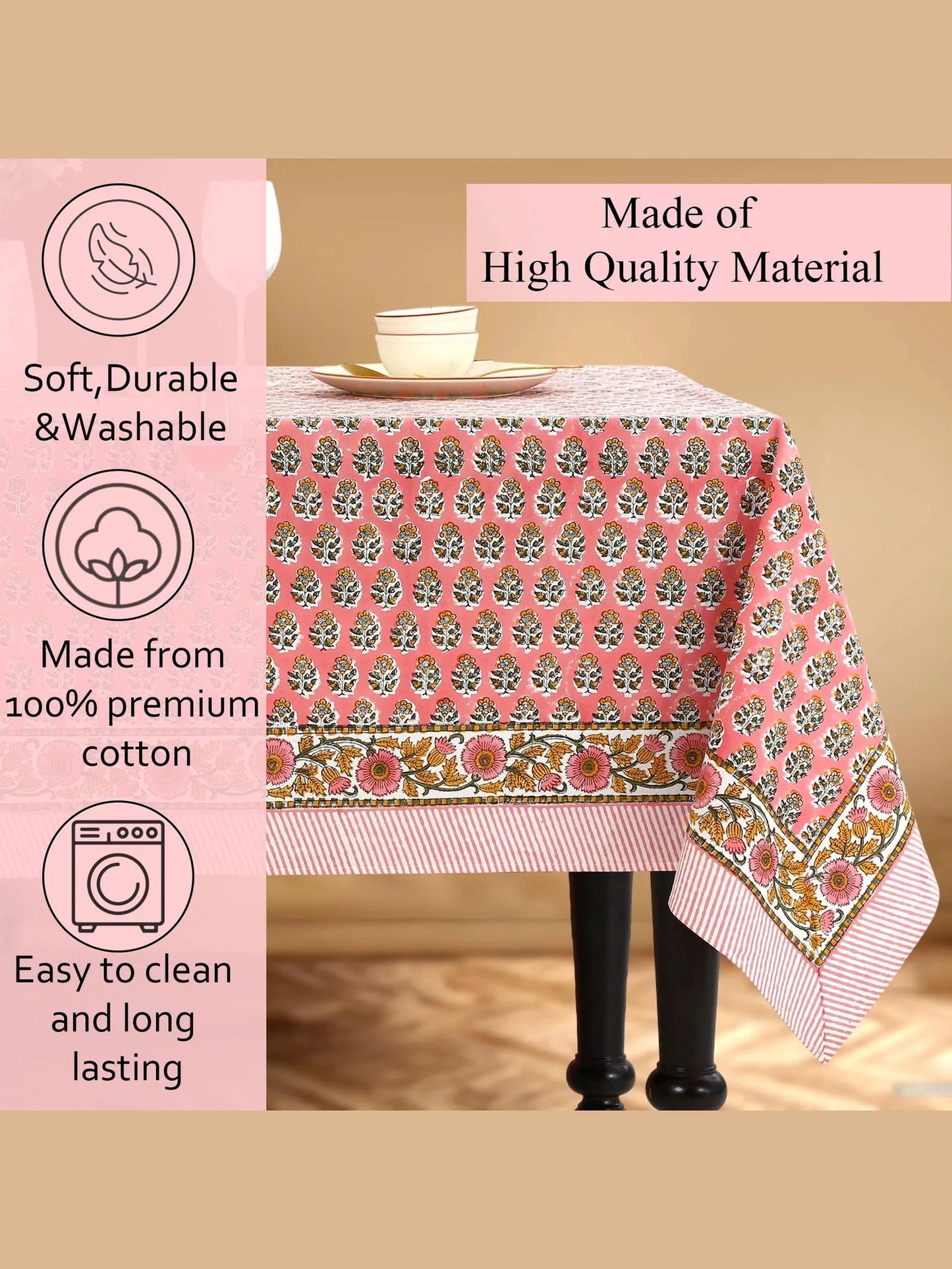 Poppy Pink Cotton Indian Hand-Block Printed Tablecloth