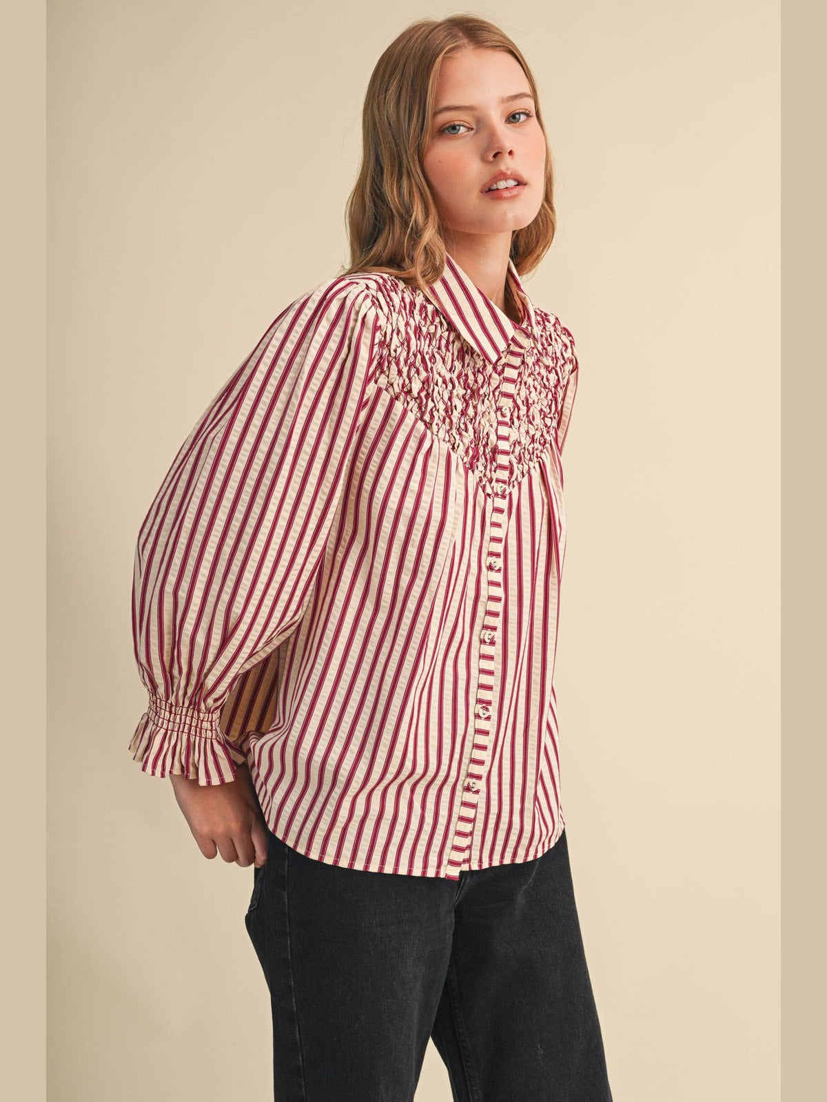 STRIPED BUTTON UP TOP WITH DIAMOND SMOCKED YOKE: CRANBERRY STRIPE