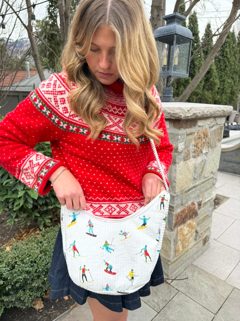 Quilted Crossbody Bag with Ski Print and Red Stripe Accent
