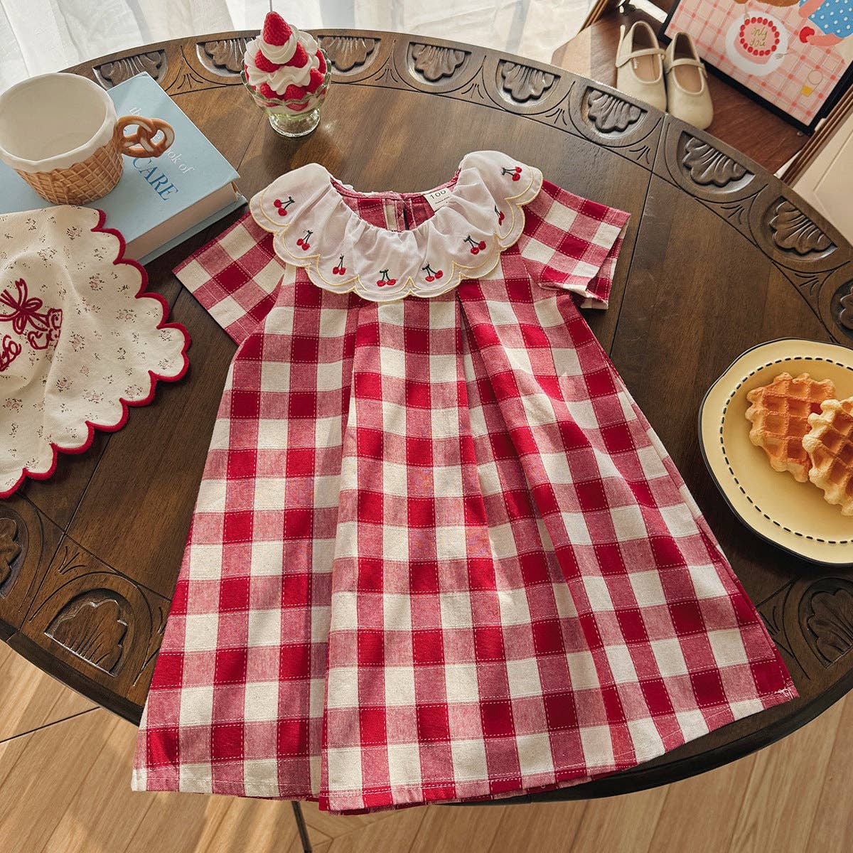 Summer Arrival Baby Girls Short Sleeves Cherry and Plaid Pattern Dress: Red / 100 (2-3Y)