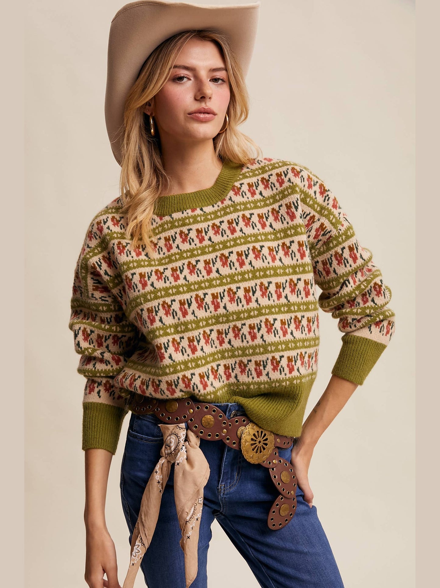 Floral Knit Sweater: Vintage Green