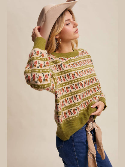 Floral Knit Sweater: Vintage Green