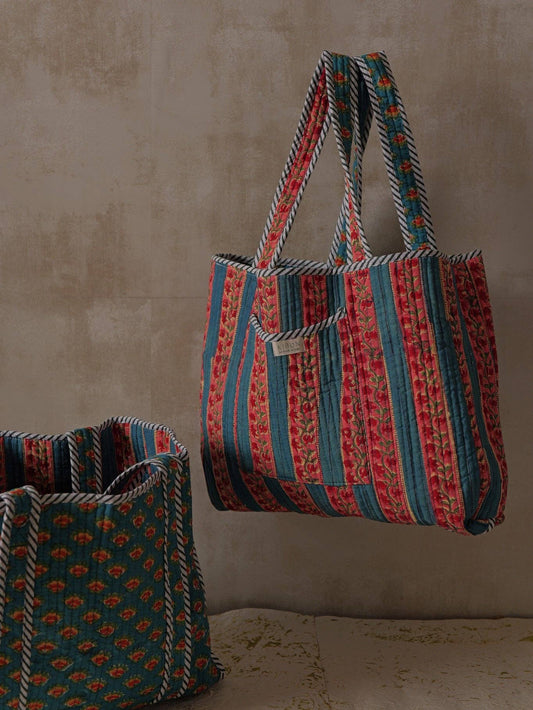 Cherry Handblock Printed Reversible Cotton Quilted Tote Bag