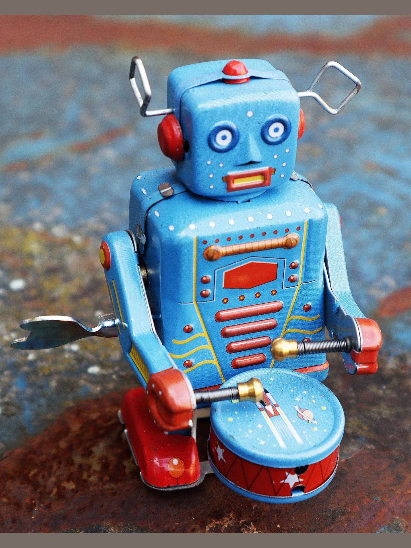 Robot robot with drum blue sheet metal robot tin toy