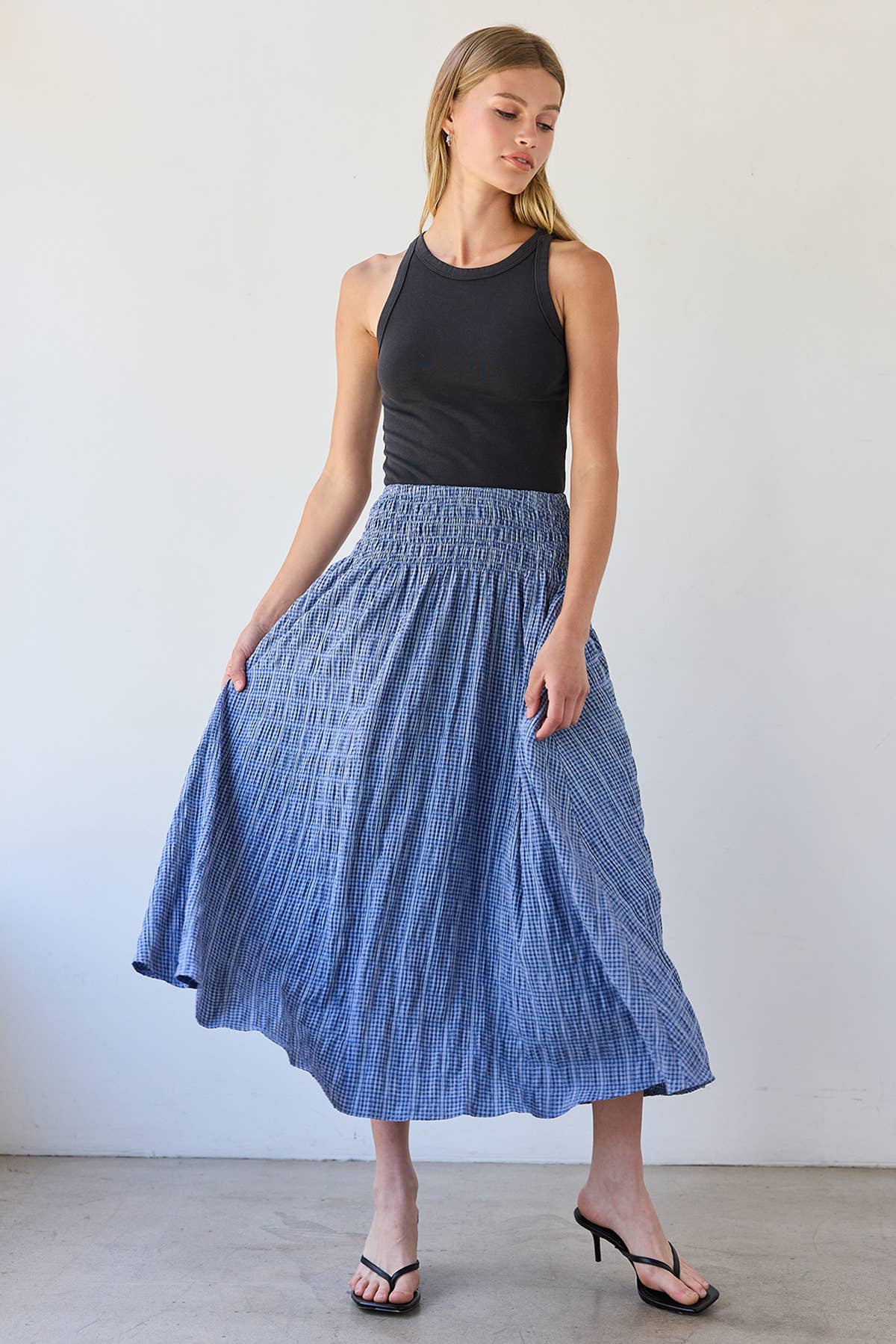 Smocked Waist Check Midi Skirt - RS1092: BLUE CHECK / S-M-L (3-2-1)