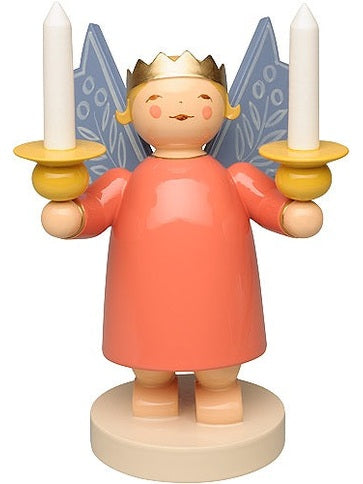 German Angel wearing crown with 2 candleholders and wooden candles