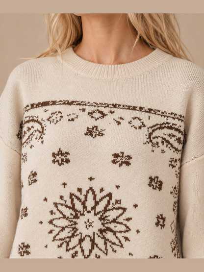 SA10162T - Western Bandana Jacquard Crewneck Sweater: Brown / M/L