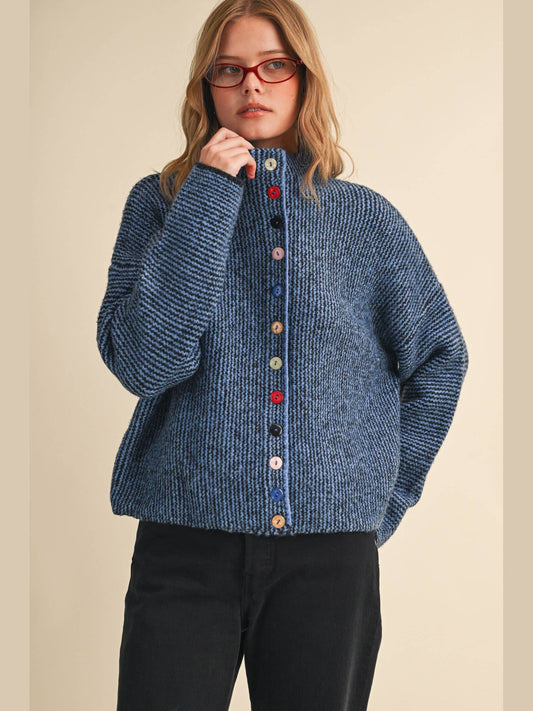 STRIPED SWEATER CARDIGAN WITH COLORFUL BUTTONS: BLACK BLUE