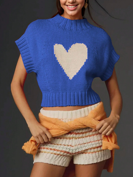 Women's Short Sleeve Sweater Blue Heart Mock Neck